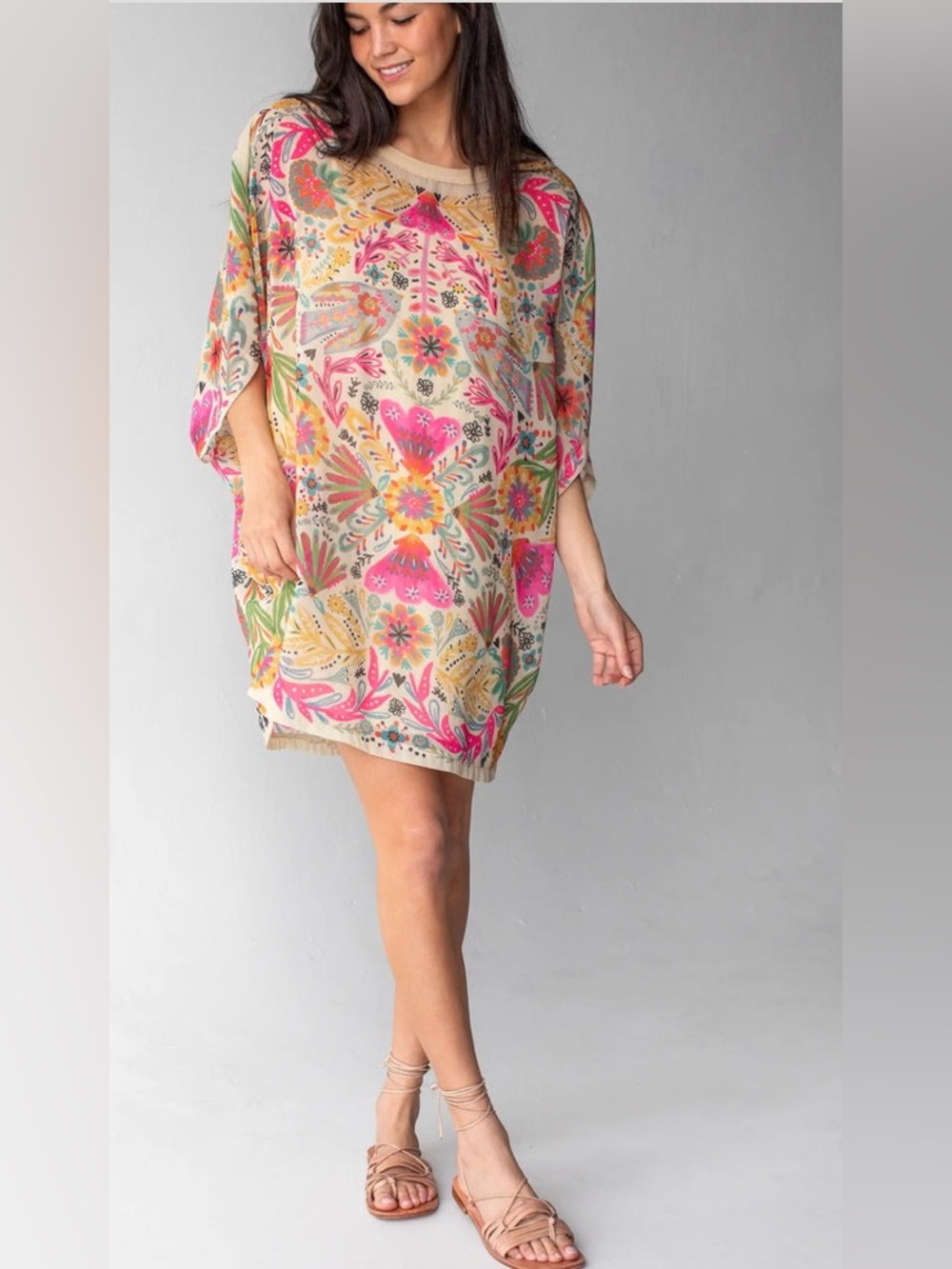 NATURAL LIFE Cream Boho Tunic Dress with Pink, Yellow & Green Floral Print🌸💚💞⭐️